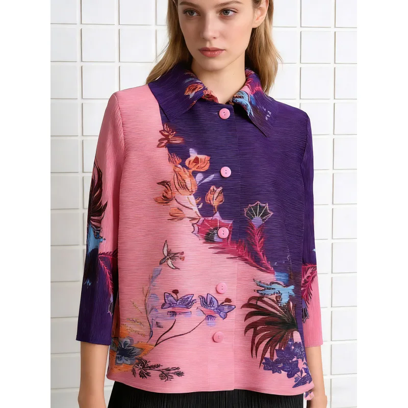 

Loose Long Sve Print Open Cardigan Pleated Large Size Southeast Asian Ethnic Sle Versatile Turn-down Collar Top for Women