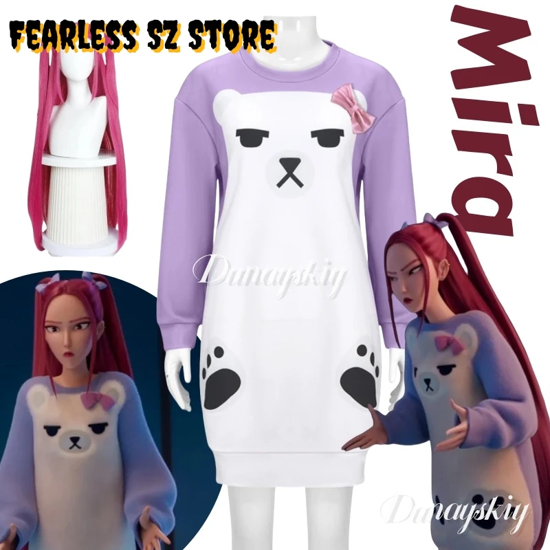 

KPop Demon Hunters Mira Cosplay 할로윈 의상 Wig Purple Bear Pajamas Sweatshirt Headwear Huntrix Halloween Party for Women Girls Cos