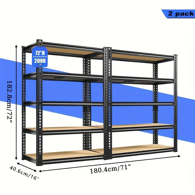 

2-секционный металлический стеллаж повышенной прочности, 60/72 дюйма (секции 60 и 72 дюйма), общая грузоподъемность 2000 фунтов (250 фунтов/полка), 5-уровневый, регулируемый