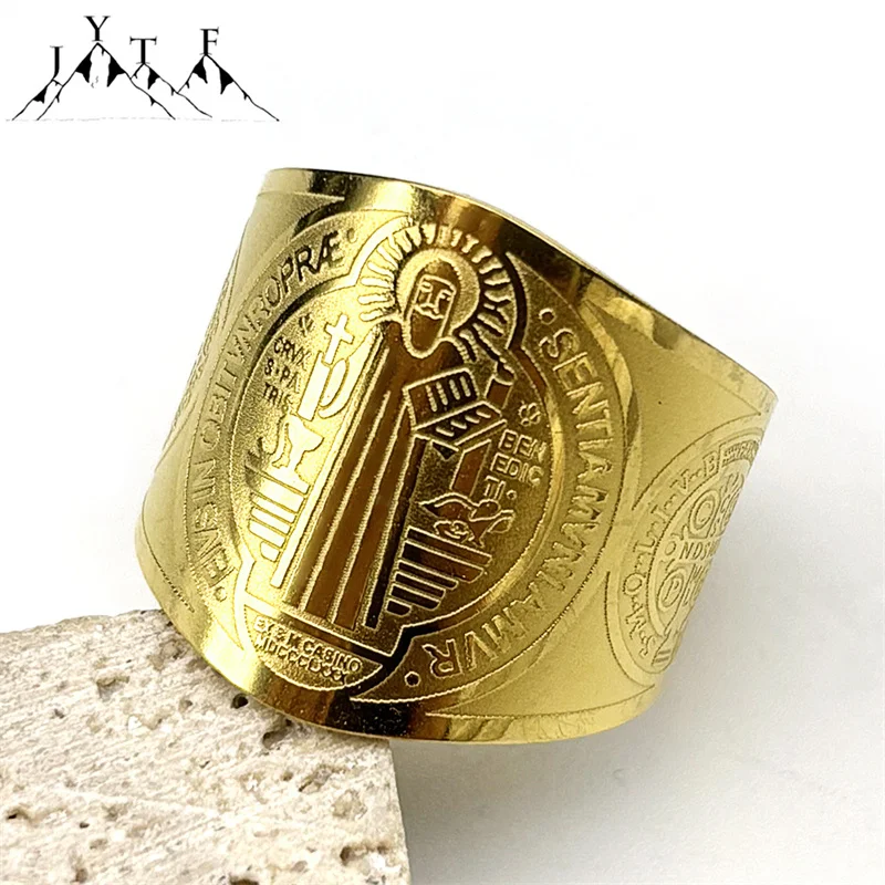Catholic Saint Benedict Adjustable Finger Rings for Women Men Stainless Steel Gold Color Open Ring Amulet San Benito Jewelry