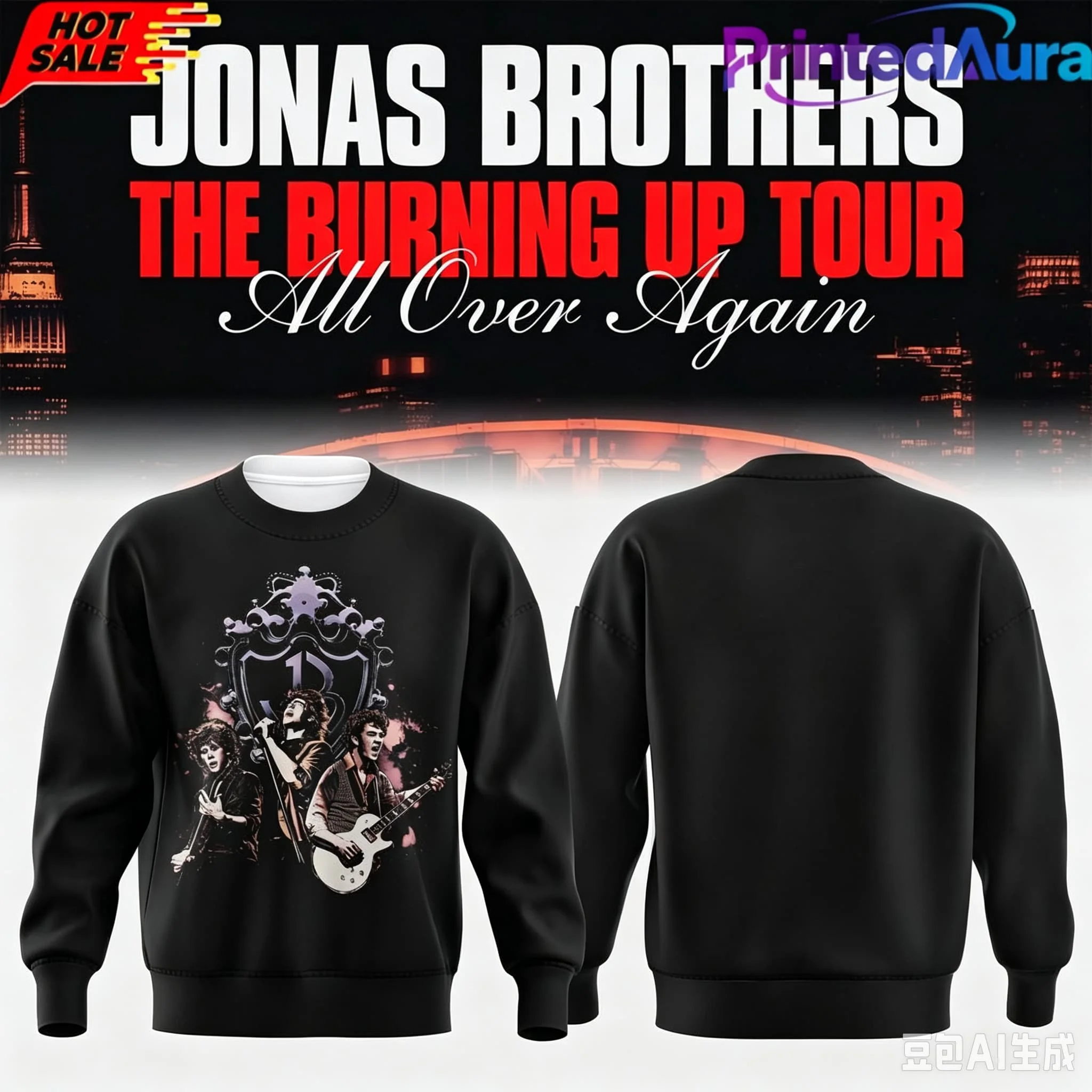 Jonas Brothers The Burning Up Tour Sweatshirt Band Portrait Long‑Sleeve Pullover Casual  Fan Streetwear Tops  Family Matching