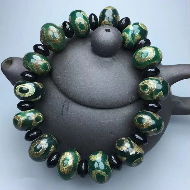 Tibetan Green Agate Three Eye Dzi Bead Bracelet Abacus Beads Lucky Charm