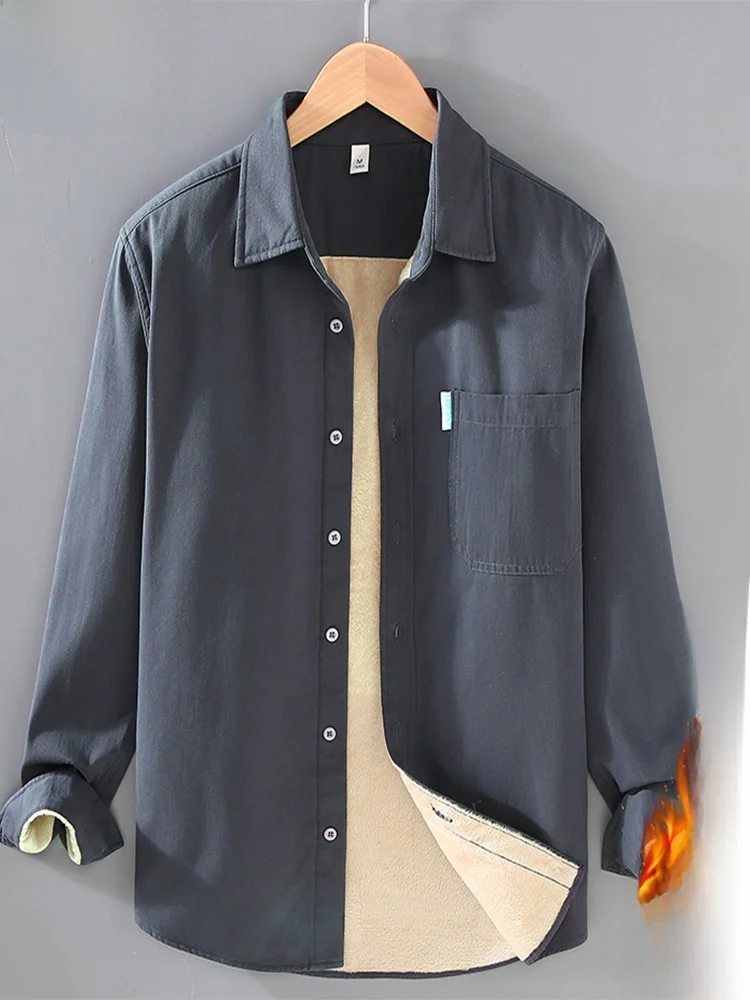 

Мужская повседневная теплая и удобная рубашка из чистого хлопка с флисовой подкладкой, длинным рукавом, отложным воротником и пуговицами, для ношения как внутренний или внешний слой.