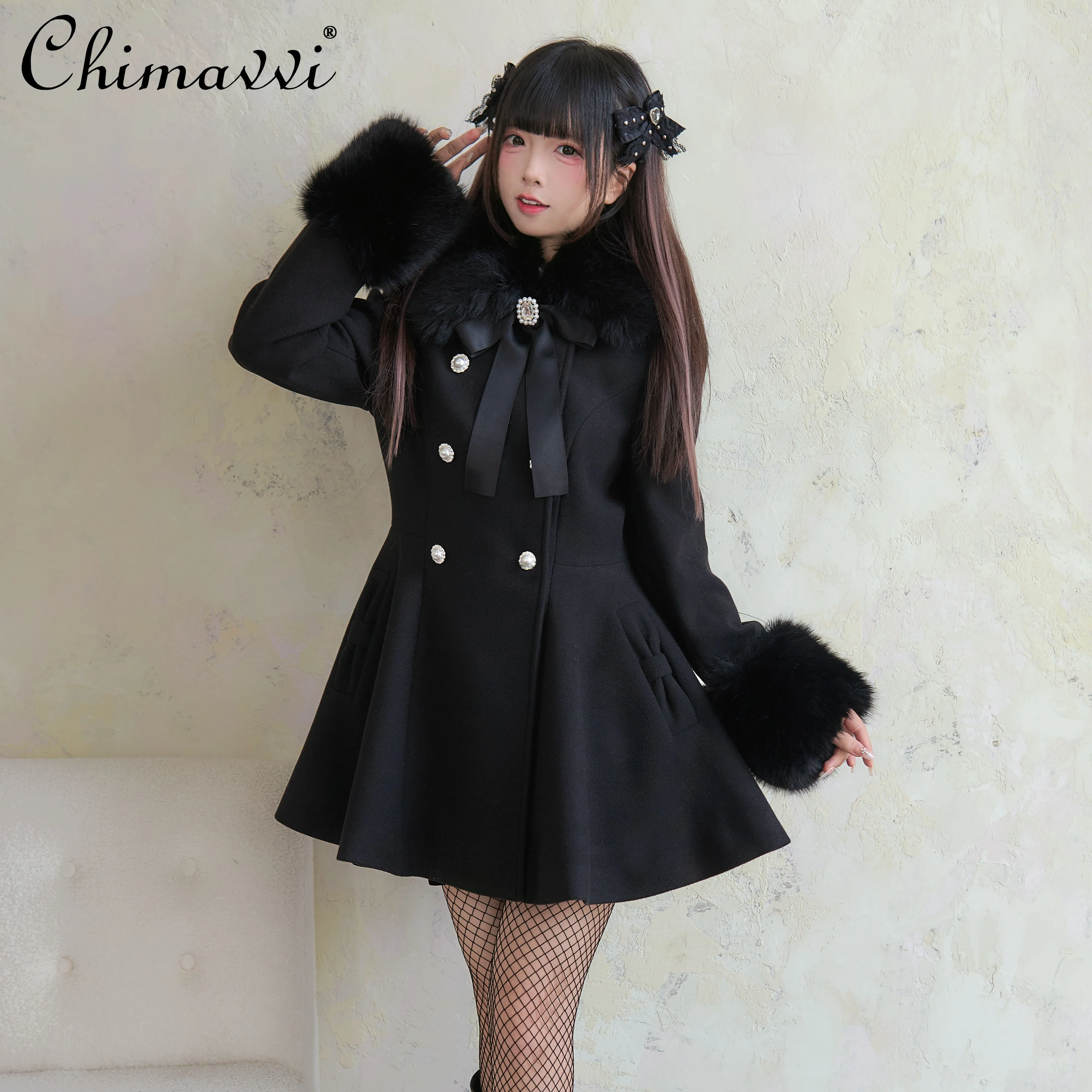 Original Lolita Double-breasted Big Hem Waist Coat Winter New Sweet Girl Lady Mine Mass-produced Japanese Bud Coat Woolen Jacket