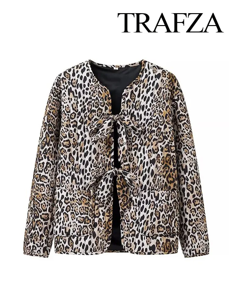 TRAFZA Women Elegant Leopard Print Long Sleeves Casual Chic Cotton Jacket Woman Pocket Lace Up Decorate Loose Slim Coat Mujer