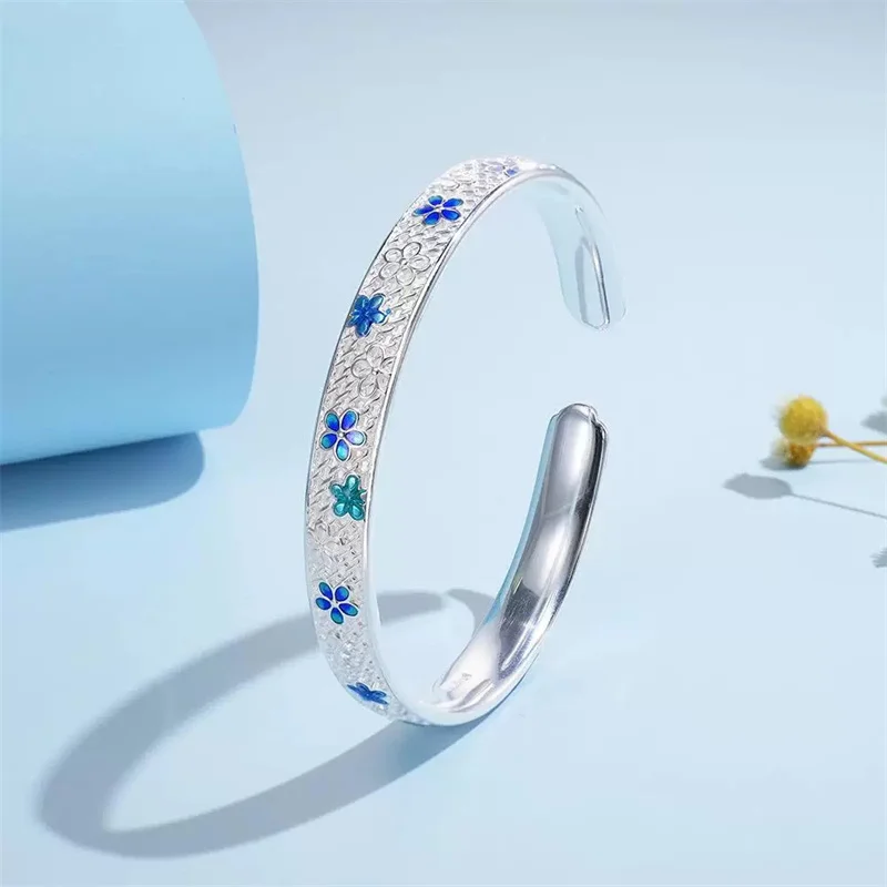 

9999 Silver Engraved Blue Enamel Plum Blossom Open Bangle Women's Fashion Jewelry Gift Free Engraving