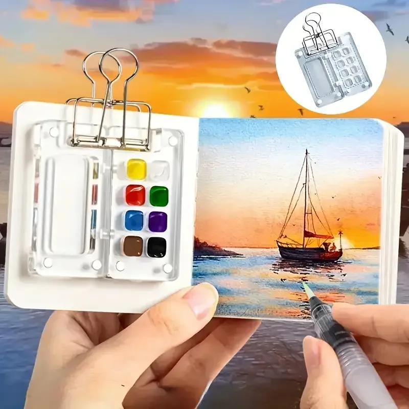 Mini Clear Acrylic Watercolor Paint Set - 8-Well Palette with 12 Colors, 6 Brushes, Clips & Watercolor Paper Notebook