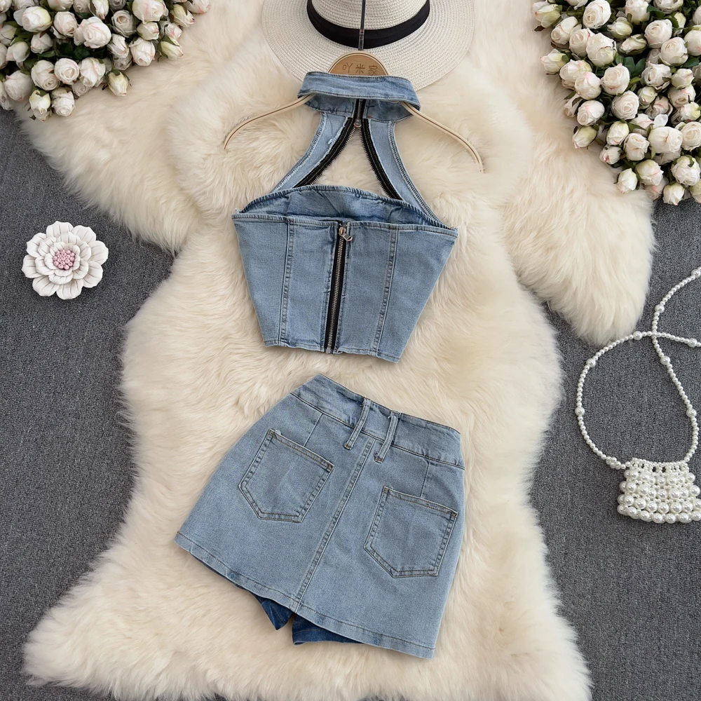 

Women Halter Denim Sets Lady Summer Halter Zipper Top Skirt Suit Female Night Out Sexi Hotsweet Y2K Ins Chic Party Club Belt Set