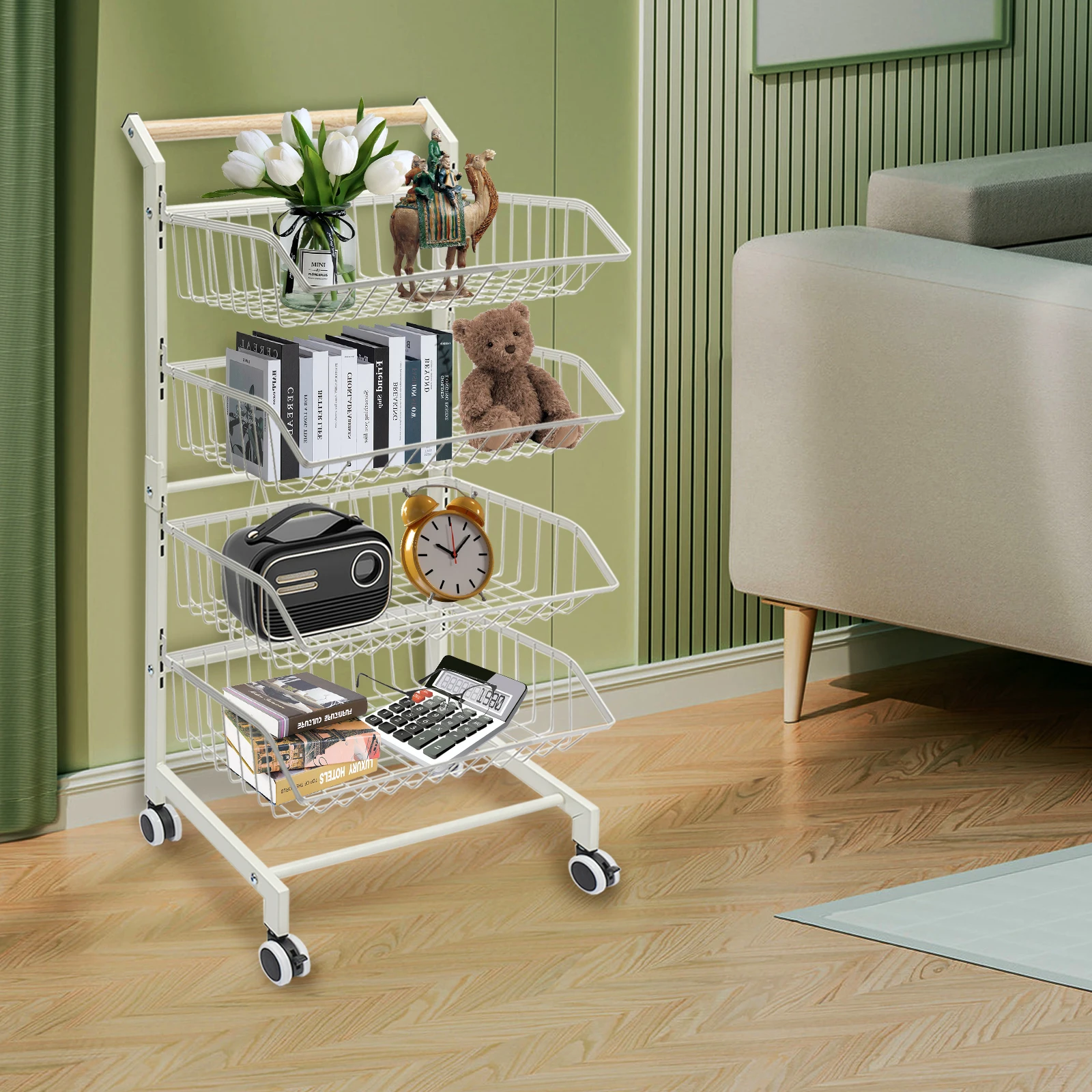 Rust Resistance Large Capacity Shelf Kitchen Storage Trolley with Lockable Wheels for Store Fruit/Vegetables/Snacks