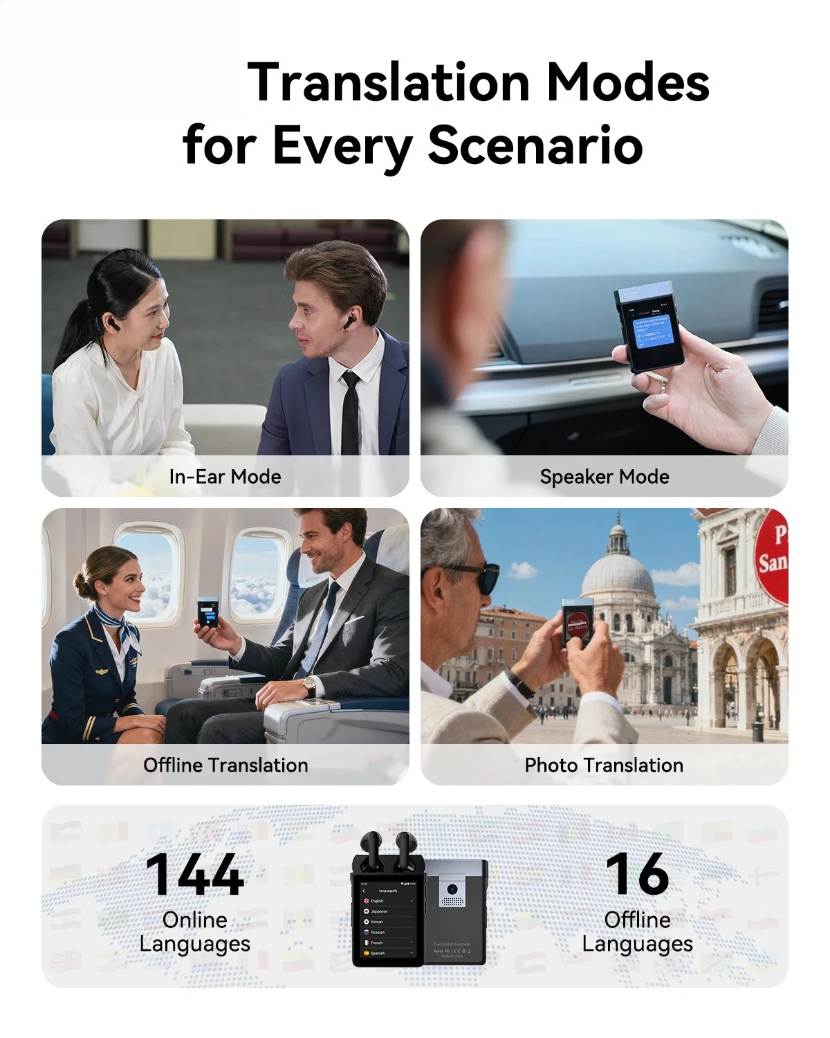 WWooask A9 4G Standalone AI Translator Earbuds, Touch Screen 144 Online 16 Offline Languages with ChatGPT & Hotspot Function