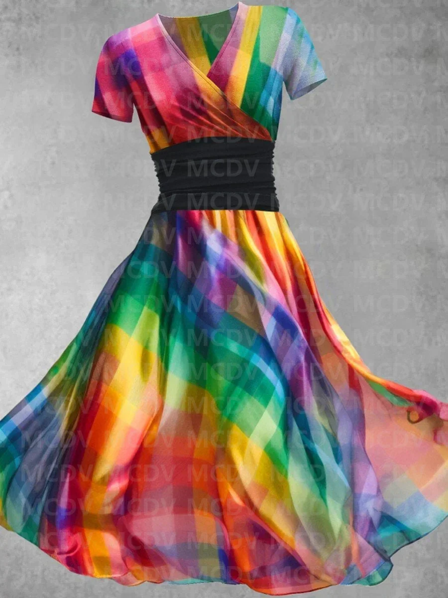 Women's Rainbow Collage Art Maxi Dress 3D Printed Sexy V-neck Dress Female Dresses