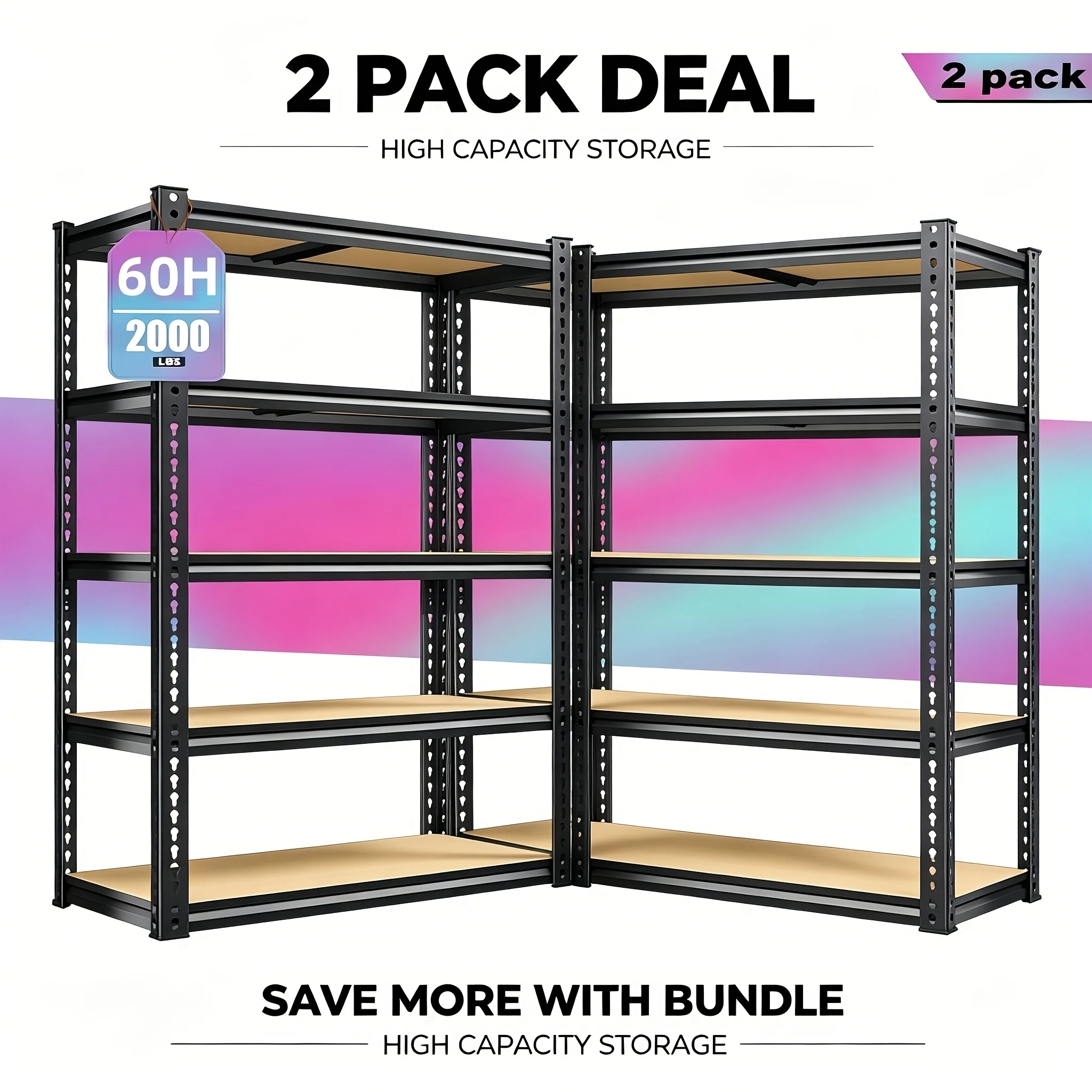

2pcs 60-Inch Tall Garage Storage Shelves, 2pcs 5-Tier Storage Racks, 60"H × 27.5"W × 11.8"D, 2000 LBS Load Capacity, Heavy-Duty Adjustable Shelving Units for Closet, Pantry And Garage Organization, with Gloves And Hammer, Utility Shelves