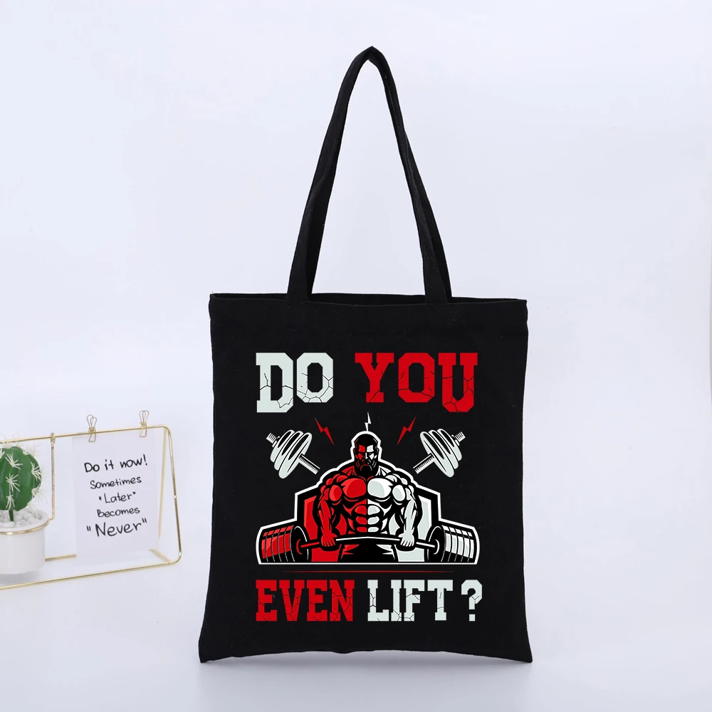 Bodybuilder Graphic Canvas Tote Bag with Slogan Print, Streetwear Style for Gym and Casual Outings