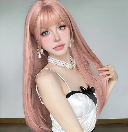 Rose pink wig female synthetic long hair natural air bangs long straight hair fashion jk suitable for female cosplay party