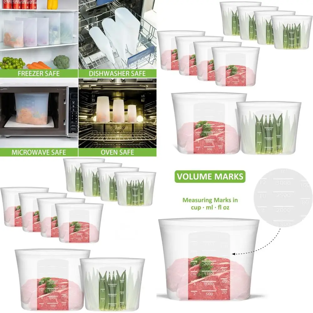 

Набор из 8 силиконовых пакетов для хранения продуктов, большие и очень большие размеры, с застежкой-зиппером, подходят для заморозки, микроволновой печи и посудомоечной машины