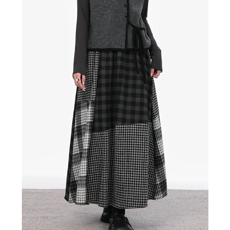 

2026 New Arrival Spring & Autumn Women Casual Loose Asymmetry A-line Skirt Plaid Patchwork Woolen Ankle-length Skirts T215