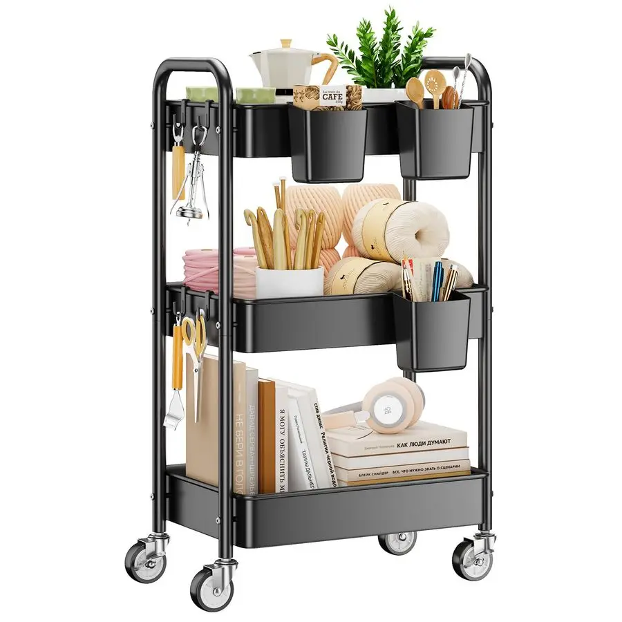 

Трехъярусная металлическая тележка на колесах с подвесными крючками и сетчатыми секциями, органайзер для хранения, для рукоделия