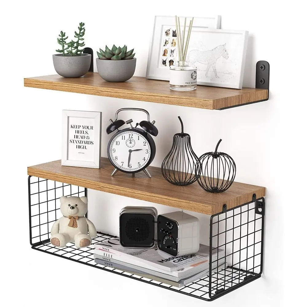 Wooden+Metal Bathroom Wall Mounted Shelf Strong Load-bearing Capacity With Storage Basket Toilet Storage Holder Large Capacity
