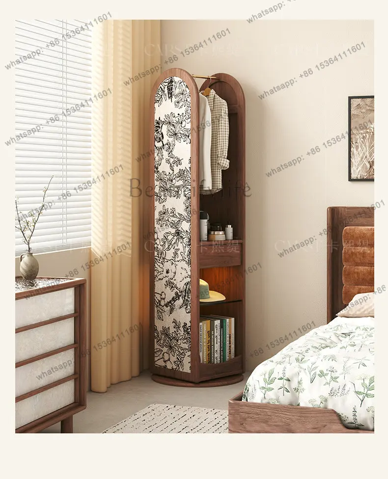 PG Rotary Brocade Coat Rack Medium Antique Solid Wood Floor Full-length Mirror Multifunctional Storage Rack