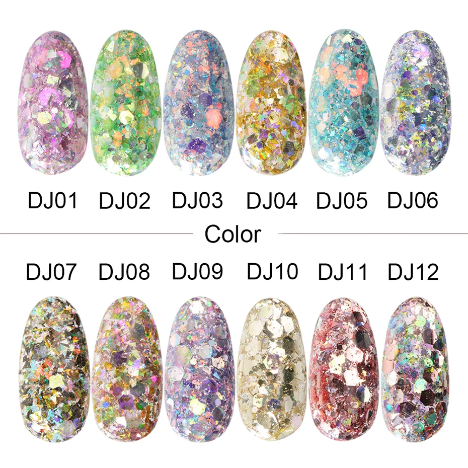 Conjunto de pó glitter para nail art, holográfico, brilhante, gel polonês, 3d, lantejoulas para manicure, ferramentas de decoração, 12 peças