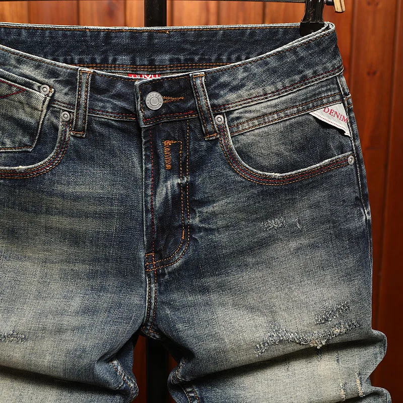 High end summer denim shorts for men, trendy, fashionable, stretchy, nostalgic, retro men's clothing, denim five quarter pants