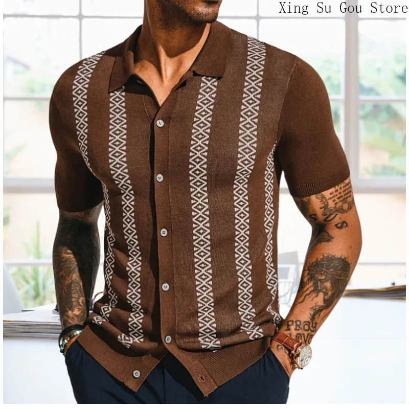 Men's Summer Casual Lapel Print POLO Shirt Top Men's Summer New Jacquard Knit Short Sleeve