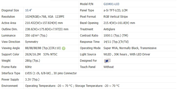 G104X1-L01 G104X1-L03 G104X1-L04 G104V1-T01 G104V1-T03 G104XVN01.0 Original 10.4 AUO LCD Display