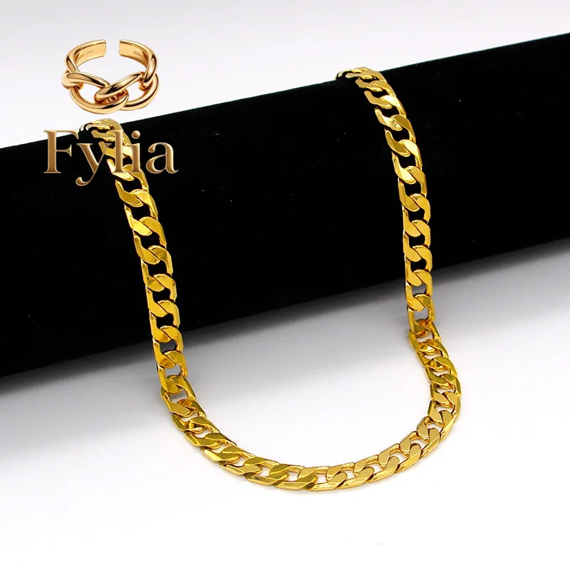

Fylia Jewelry Luxury 24K 9999 Pure Gold real gold Men's Women's Cuban Chain Necklace