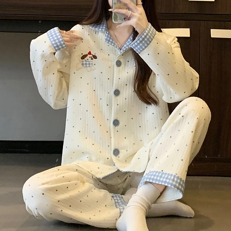 Women Pajamas 2 Piece Set Dot Print Dog Embroidery Sleepwear Lapel Neck Winter Warm Casual Sweet Cute Loungewear Home Wear