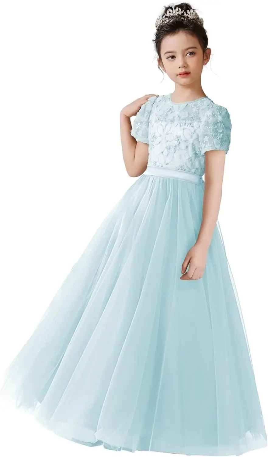 Vestido floral para meninas, bordado 3d, renda, apliques, tule, cetim, laço, cintura alta, maxi vestido de festa, vestido de noite