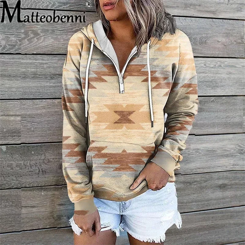 Winter Vintage Geometry Print Pocket Hoodie Women Pullover Sweatshirt Loose Long Sleeves Casual Bohemian Autumn Ladies Zipper