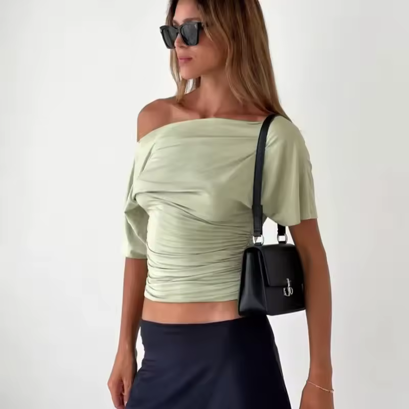 Talenza Summer One Shoulder Tops Fashion Slim Shrink Short Sleeve T-Shirts Sexy Party Y2k Streetwear Solid Pullover Tops Women - Image 2