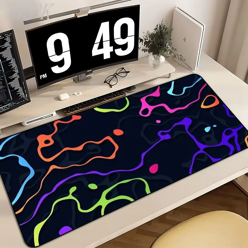 Neon Liquid Swirl Abstract Large Mouse Pad Non-Slip Rubber Base Colorful Contour Extended Gaming Desk Mouse Mat Modern Table Pad