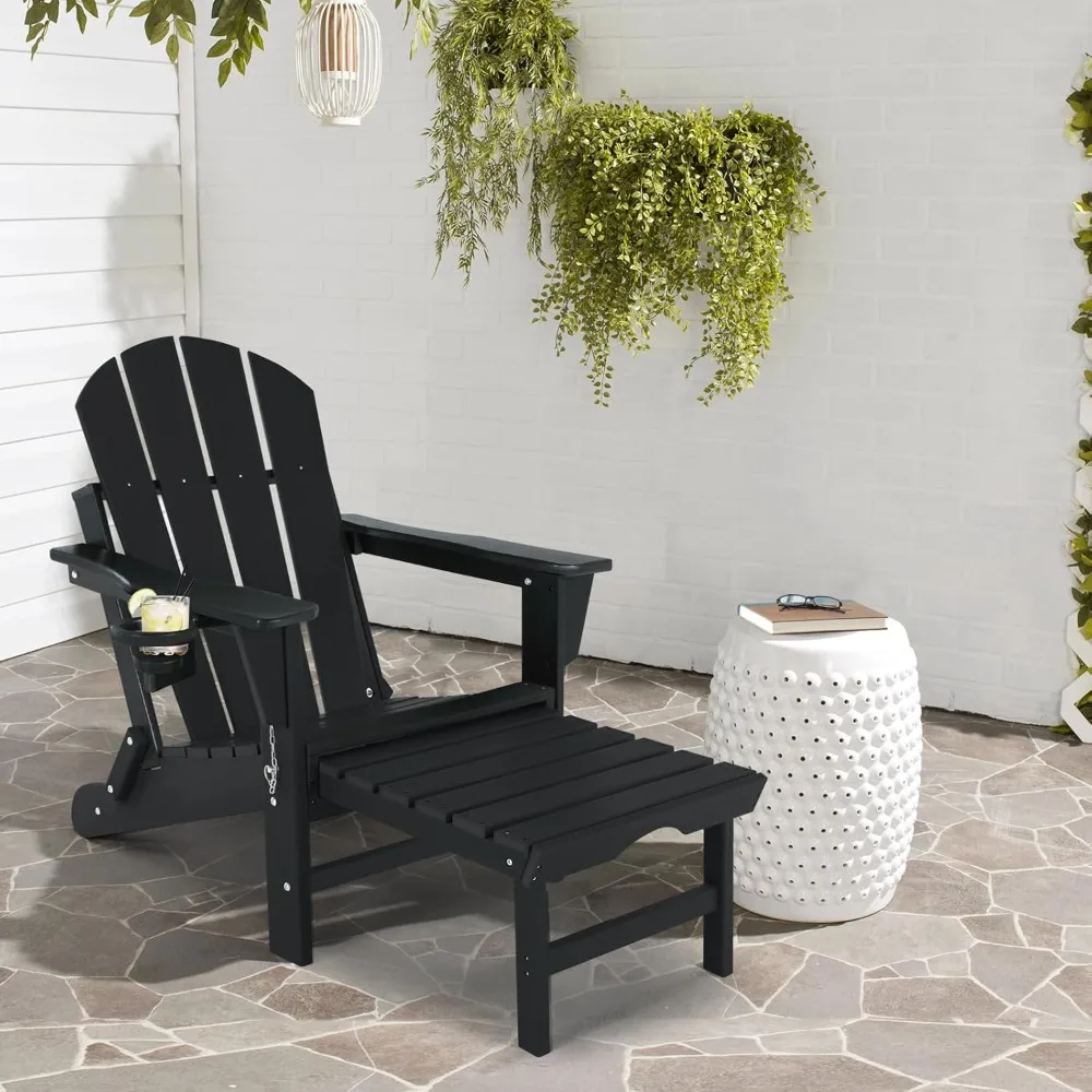 

chair with retractable ottoman - all weather resistant fire pit chairs with cup holder, outdoor adirondack chair