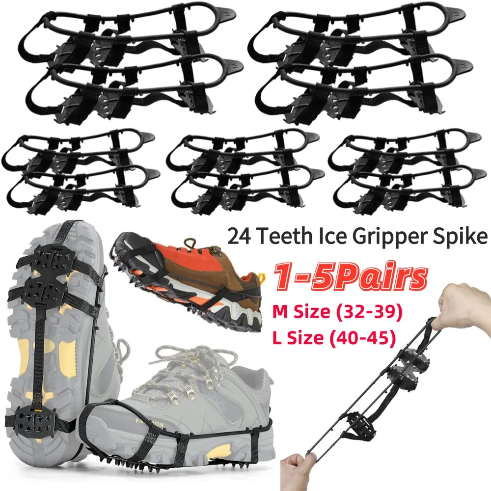 24 Teeth Steel Ice Gripper Spike for Shoes Anti Slip Climbing Hiking Snow Claw Spikes Crampons Cleats Grips Boots Cover 1-5Pairs