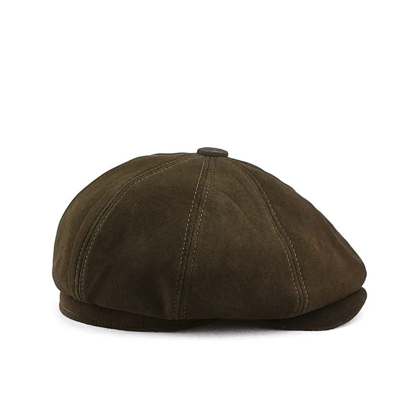 Genuine Sheepskin Suede Autumn Winter Gentry Cap For Men British Style Fine Cutting Top Grade Octagonal Cap Leisure Beret Caps