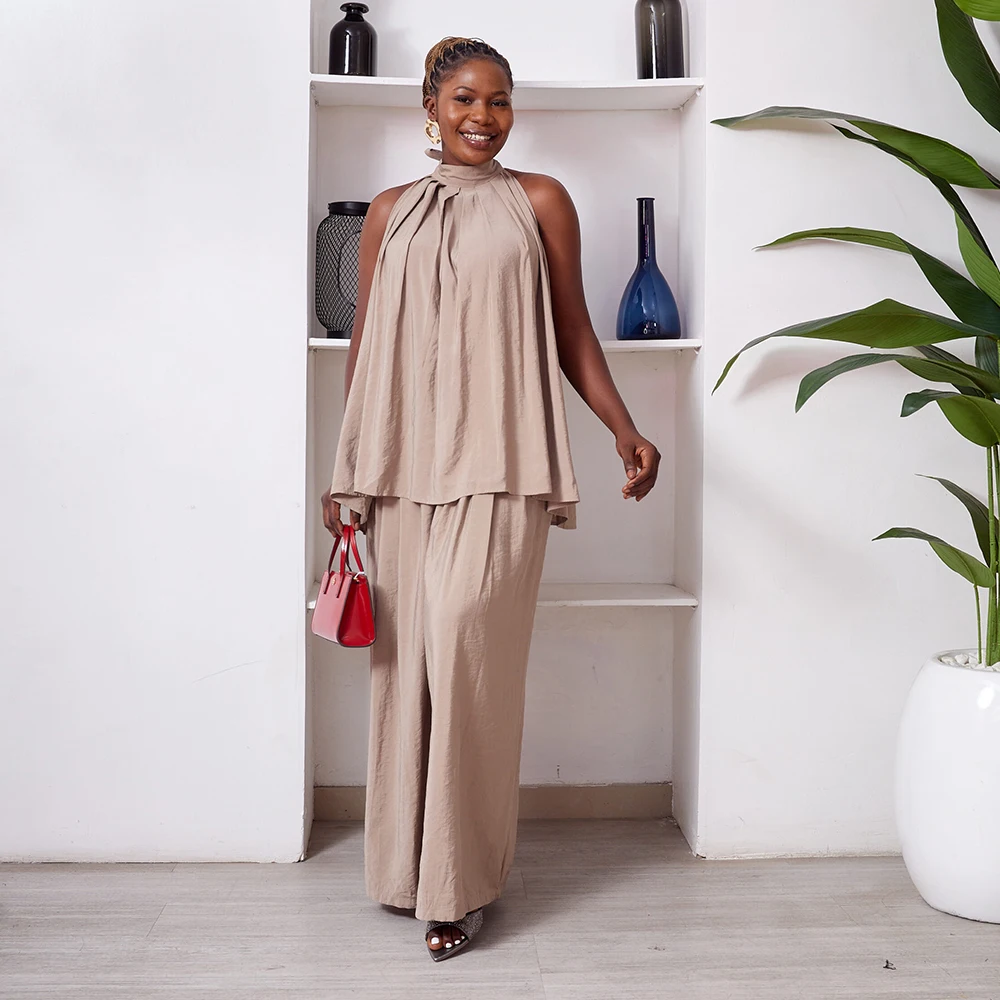 

Plus Size Elegant Linen Women's Two Piece Set Solid Color Off Shoulder Strap Top T-Shirts And Loose Wide Leg Pants Trousers Sets