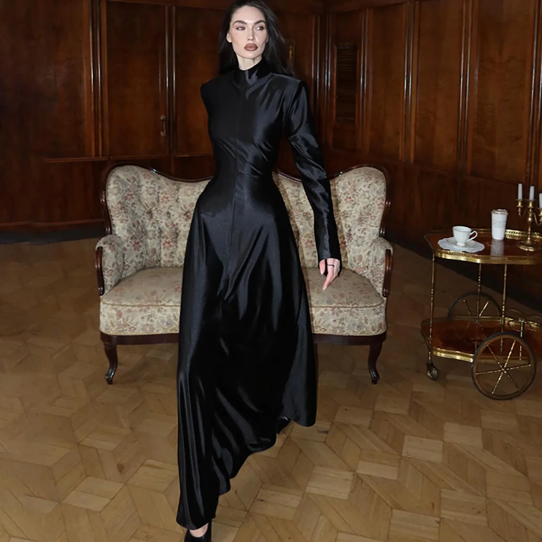 Chic Black A-line Maxi Party Dress Women Elegant Turtleneck Full Sleeve Slim Shiny Prom Birthday Outfits Long Robe Streetwear