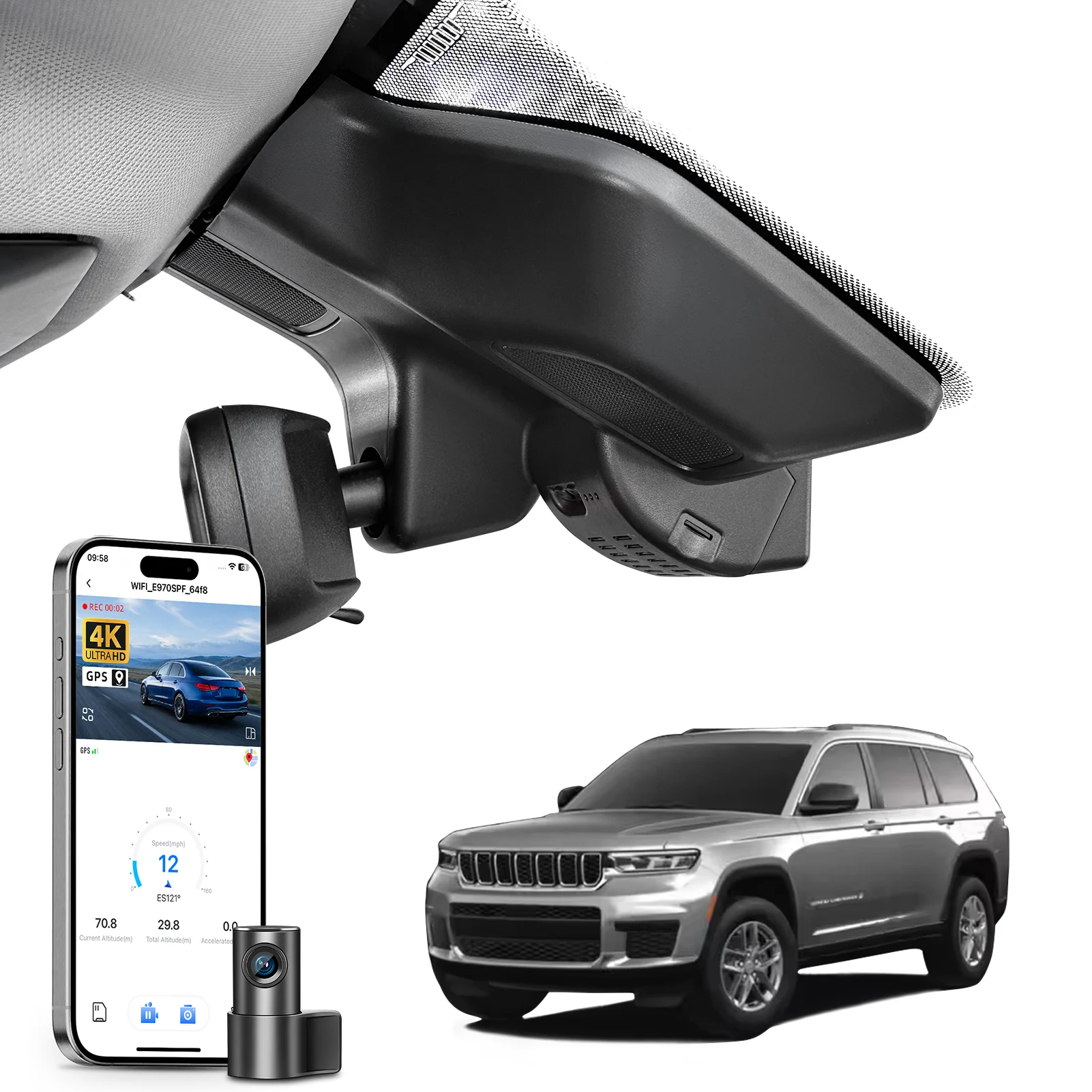 Câmera Veicular Mangoal Dash Cam 4K para Jeep Grand Cherokee WK WK2 & Grand Cherokee WL L 2016-2026 com GPS, WiFi e APP