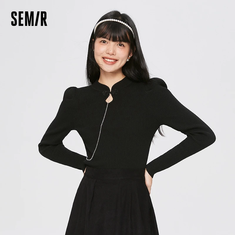 

Semir Knitwear Women Buckle Puff Sleeves Slim Fit All-Match 2023 Winter New Sweet Pullover
