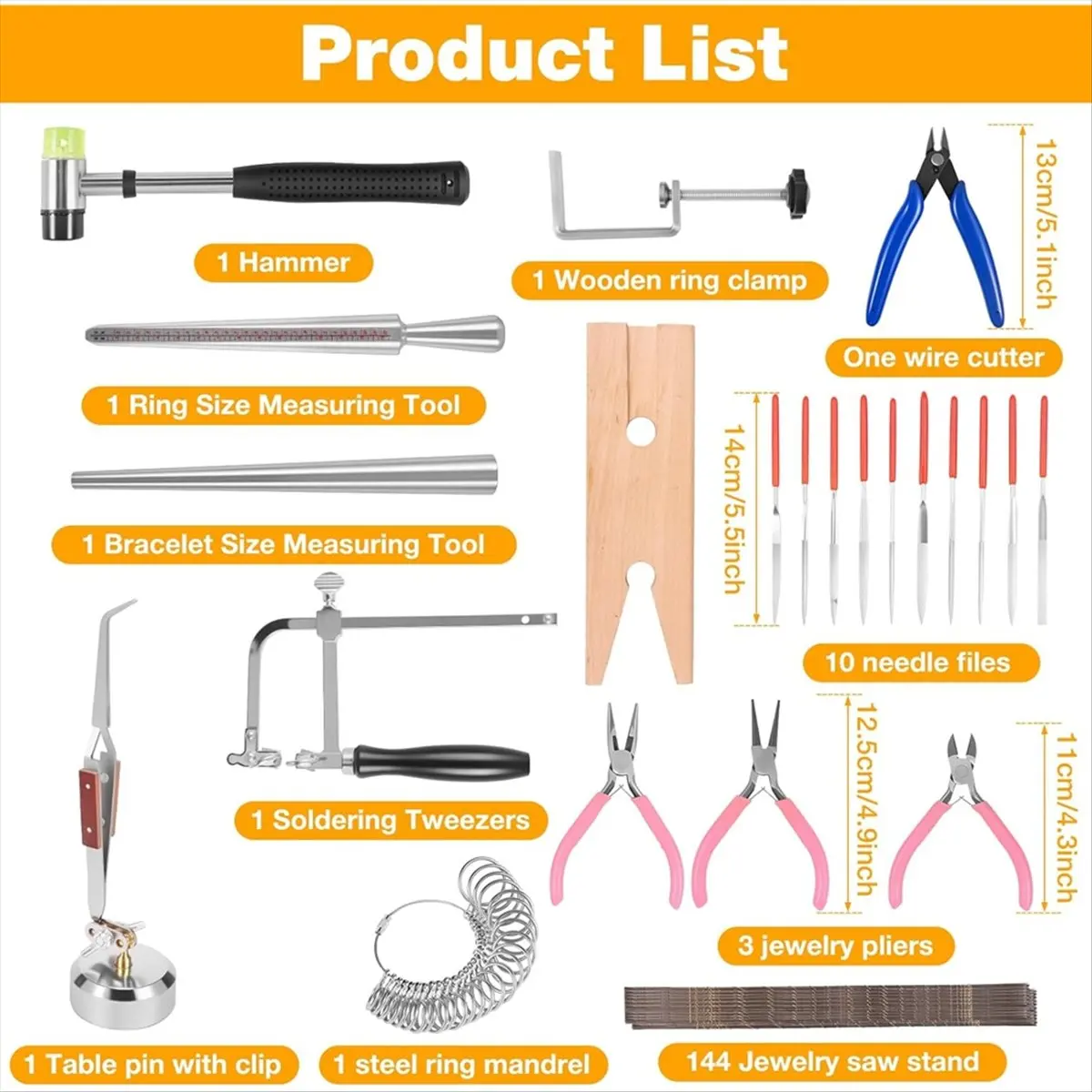 (A95Z) Jewelers Tools Set Jeweler'S Saw Frame Wooden Clamp Wooden Ring Clamp Mandrel Measuring Tool Mallet Hammer for Jewelry