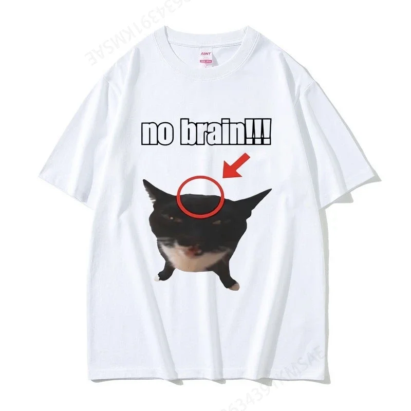 Funny Cat No Brain Graphic Print T Shirts Men Women Joke Humor Cute Kawaii Meme T-shirts Male Casual Oversized Tees Short Sleeve