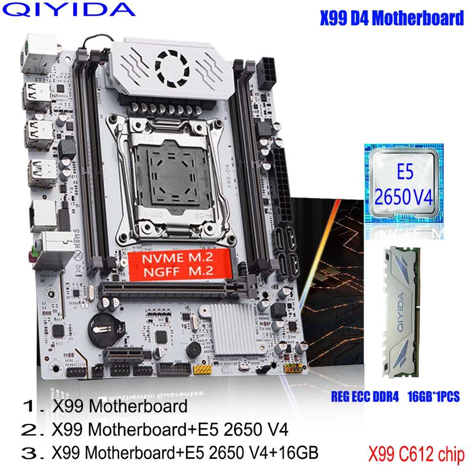 QIYIDA X99 마더보드 세트 LGA 2011-3 키트 Xeon E5 2650 V4 CPU 프로세서, 16GB DDR4 ECC RAM 메모리 SSD NVME M.2 X99 C612 칩 썸네일 7