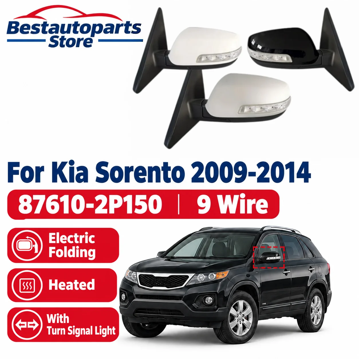 9 Wire Electric Folding Heated Side Mirror Assembly For Kia Sorento 2009-2014 OE 87610-2P150 Left/Right