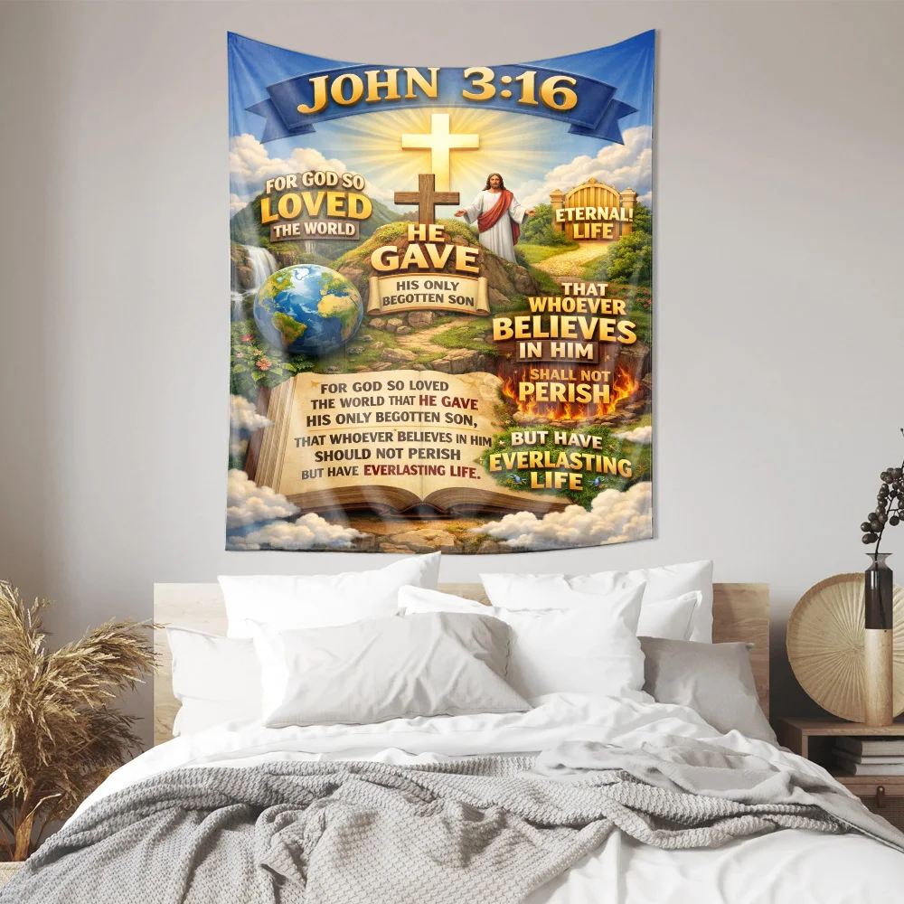 John 3 16 Bible Verse Tapestry  Wall Art Machine Washable All Season Home Living Room Bedroom Decor Elevate Your Space
