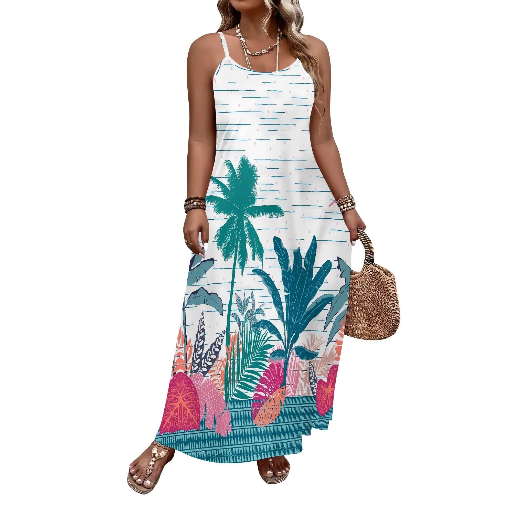 فستان Nupusa Tropical Print للنساء مقاس كبير فستان صيفي كاجوال بحزام سباغيتي