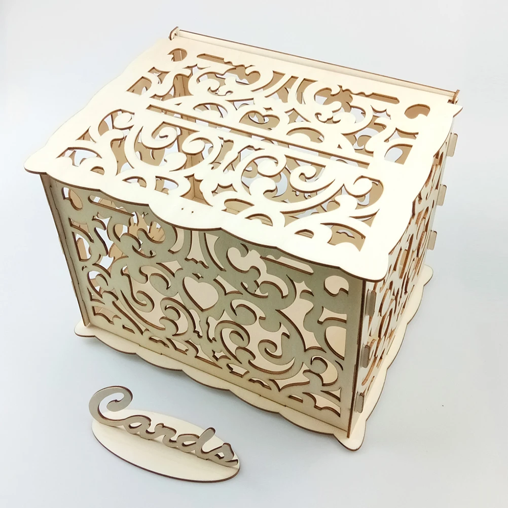 

Wooden Cards Case Hollow-out Letter Box Rustic Check-in Box Storage Container for Banquet Home Party Pattern 2