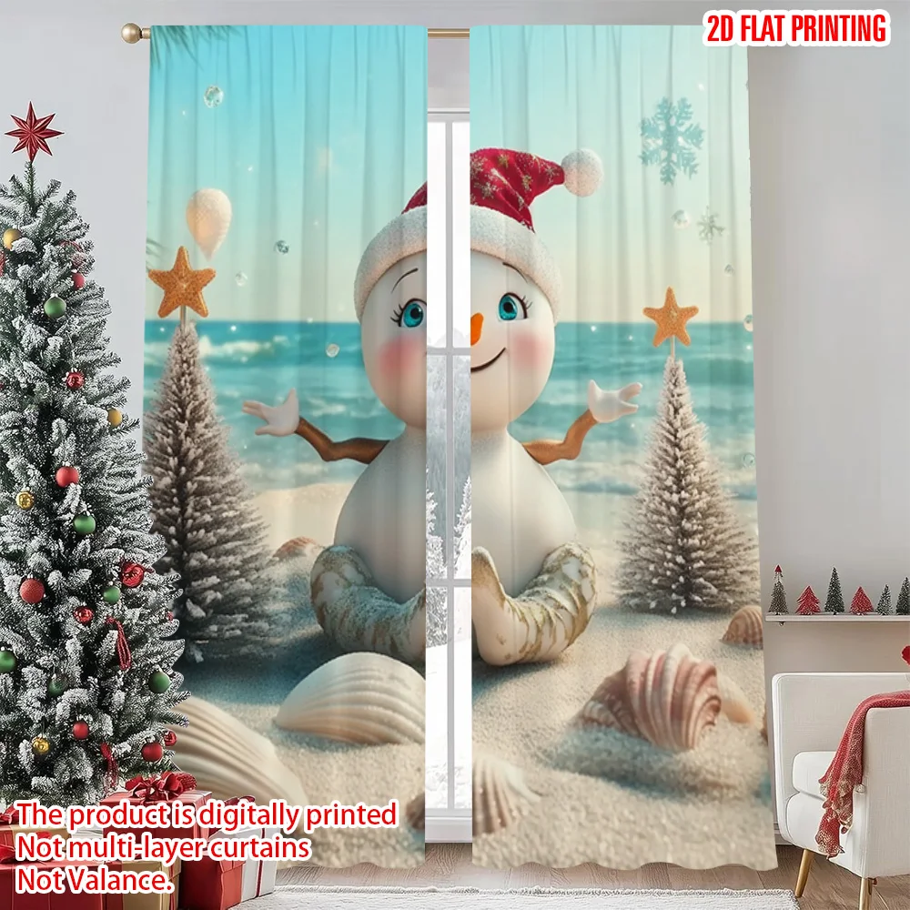 

2pcs 2D flat printing Merry Christmas Scene Curtains Mermaid Snowman Versatile Polyester Without Electricity Festive Wall Decor