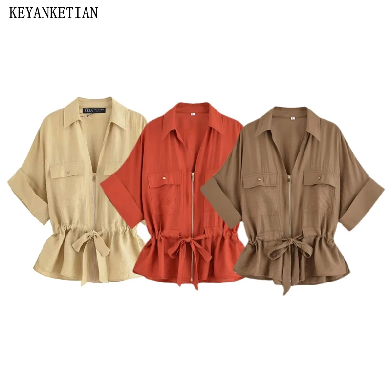 

KEYANKETIAN 2025 Summer New Women's Hunting Suit Shirt Drawstring Decoration Batwing Sleeve Zipper Blouses Solid color Top
