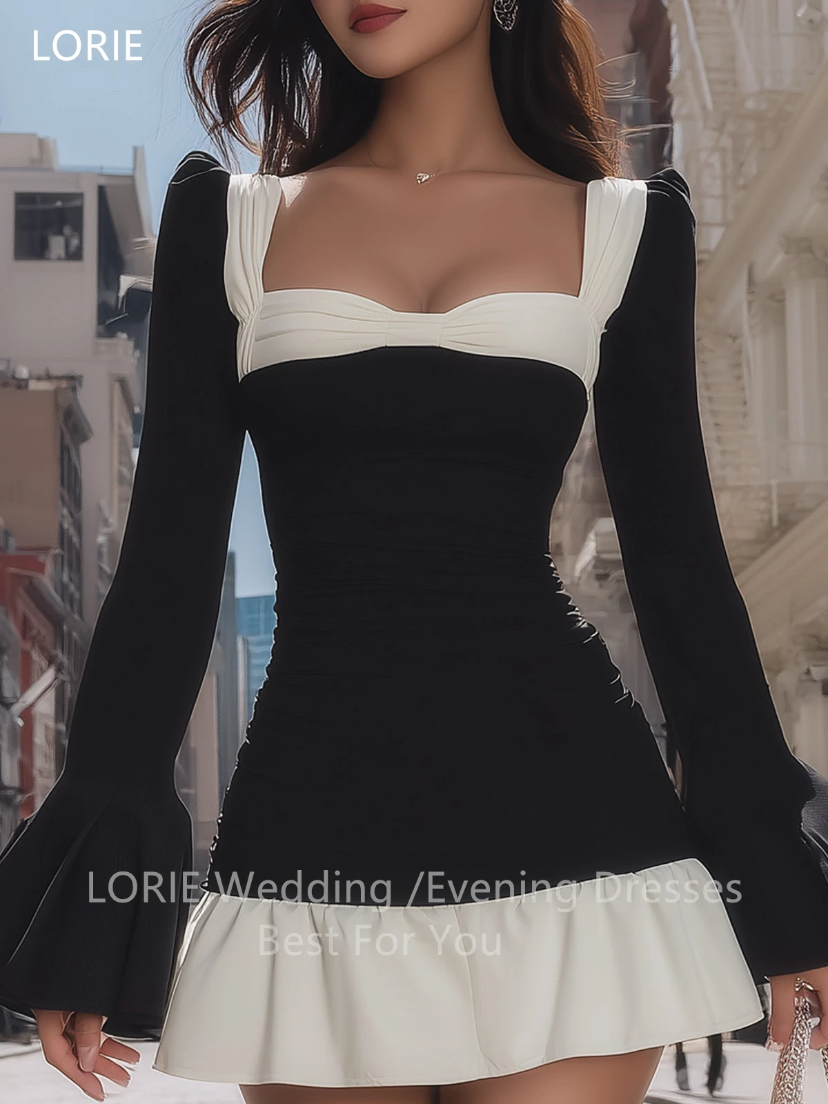 LORIE Sexy Mini Party Dresses Pleats Bow Square Collar Full Sleeves Evening Prom Dress A-Line Ruched Prom Gowns Customized